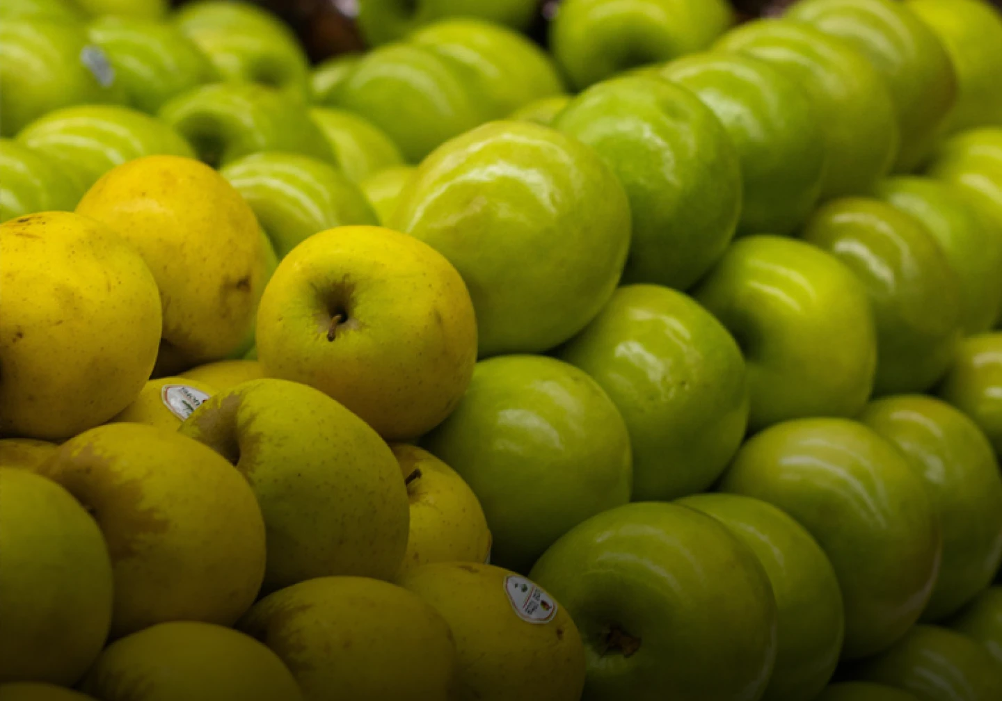 Stacked rows of green apples.